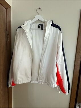 adidas White Hooded Athletic Jacket with Black Logo Tag